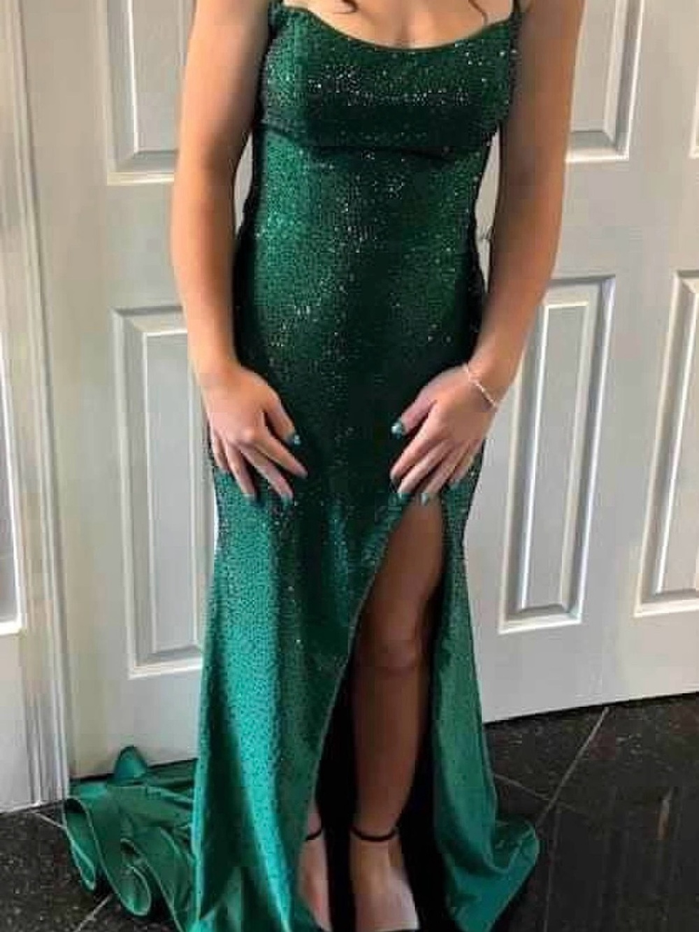 Sherri Hill Emerald Green Beaded Mermaid Prom Dress - Picture 5 of 6